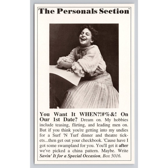 Vintage Personal Ad Postcard Humorous Humor Women 1st Date Offensive - Picture 1 of 2